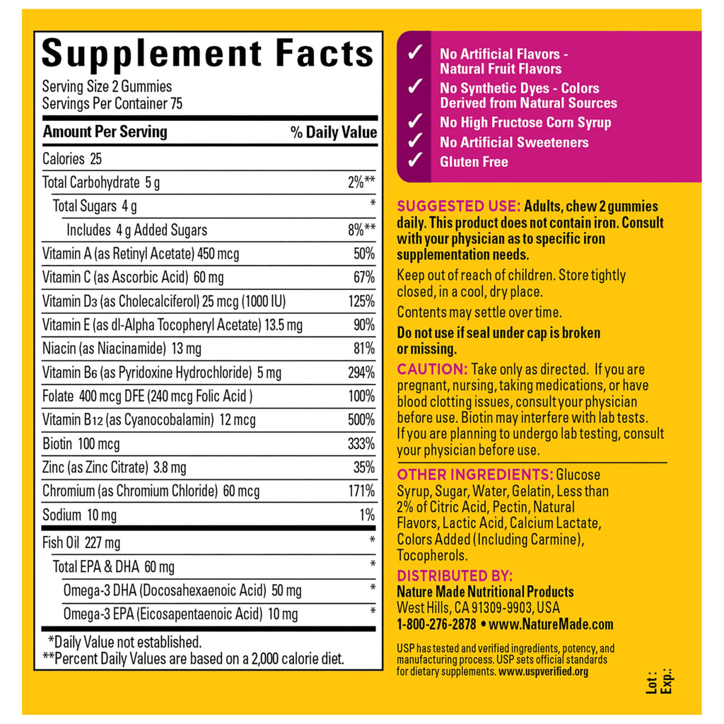 Nature Made Womens Gummy Multivitamins with Omega-3, 150 Gummies | Multivitamin for Women for Daily Nutritional Support, Strawberry, Lemon & Orange Flavors, 75 Day Supply