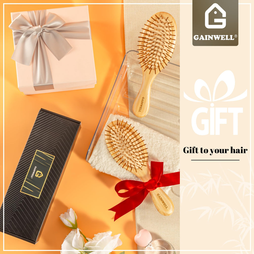 GAINWELL Hair Brush for Hair Growth, Bamboo Bristles Detangling Wooden Paddle Hair Brush for Massaging Scalp, All Hair Types Women Men Kids, Ergonomic Handle, Pointed Bristle