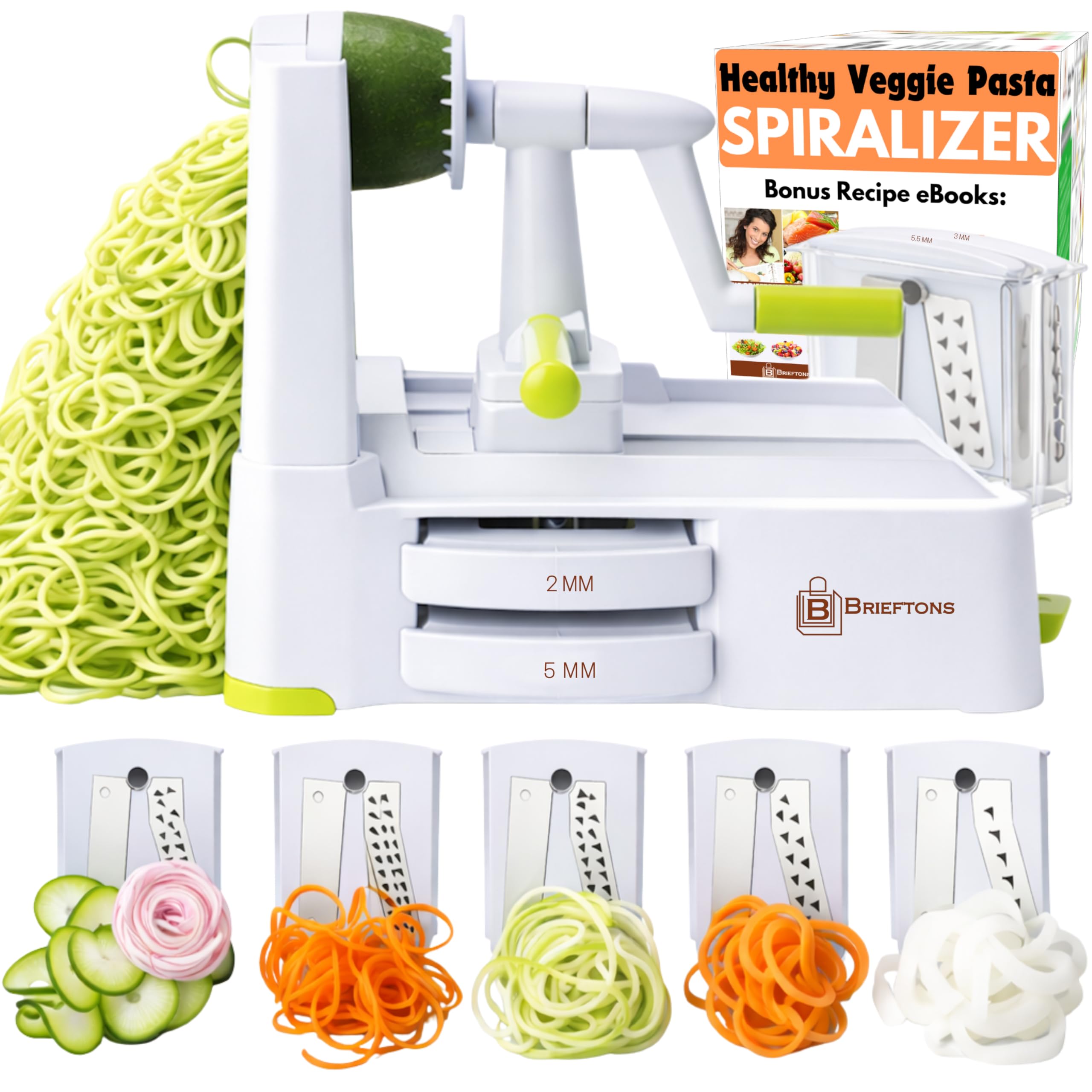 Buy now Brieftons 7-Blade Vegetable Spiralizer: Strongest-Heaviest Spiral Slicer, Best Veggie Pasta Spaghetti Maker for Low Carb/Paleo/Gluten-Free Meals, With Container, Lid, Blade Caddy & 4 Recipe Ebooks White ( 5 Blades ) at indiglob india