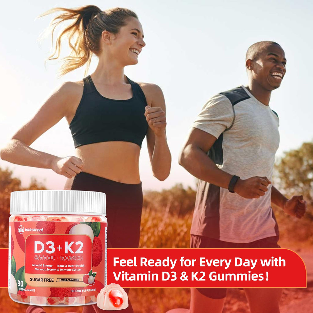 Vitamin D3 K2 Gummies, 5000 IU D3 + 100mcg K2, 90 Count | D3 K2 Supplement with MK-7, Sugar Free Vegan Gummies, Supports Bone Health for Adults, Lychee Flavor