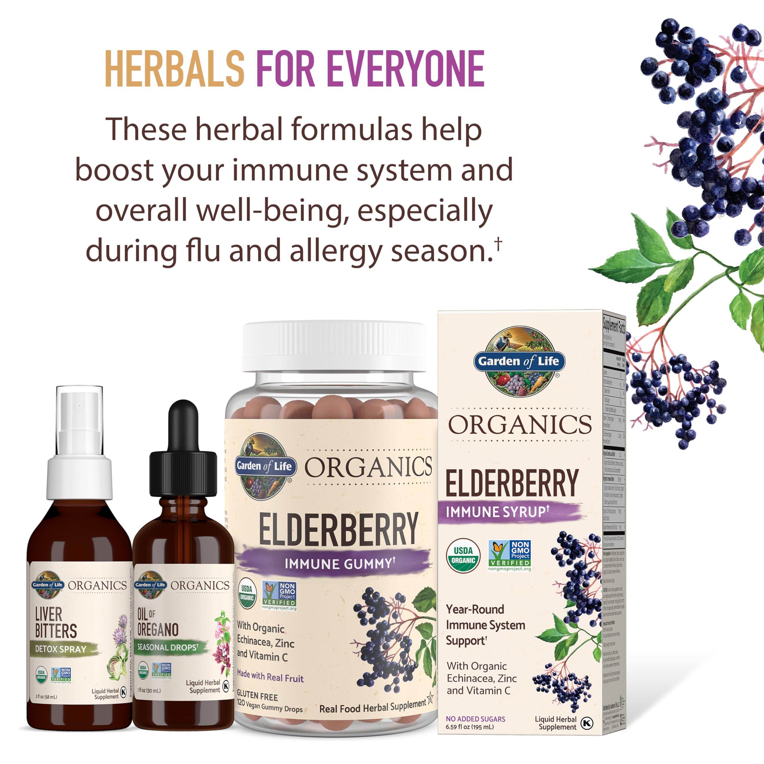 Garden of Life Organics Elderberry Gummies for Adults & Kids - Immune Support Supplement with Organic Fruit, Herbal Blend, Elderberry, Echinacea, Zinc, Vitamin C, 120 Vegan Gluten Free Gummies
