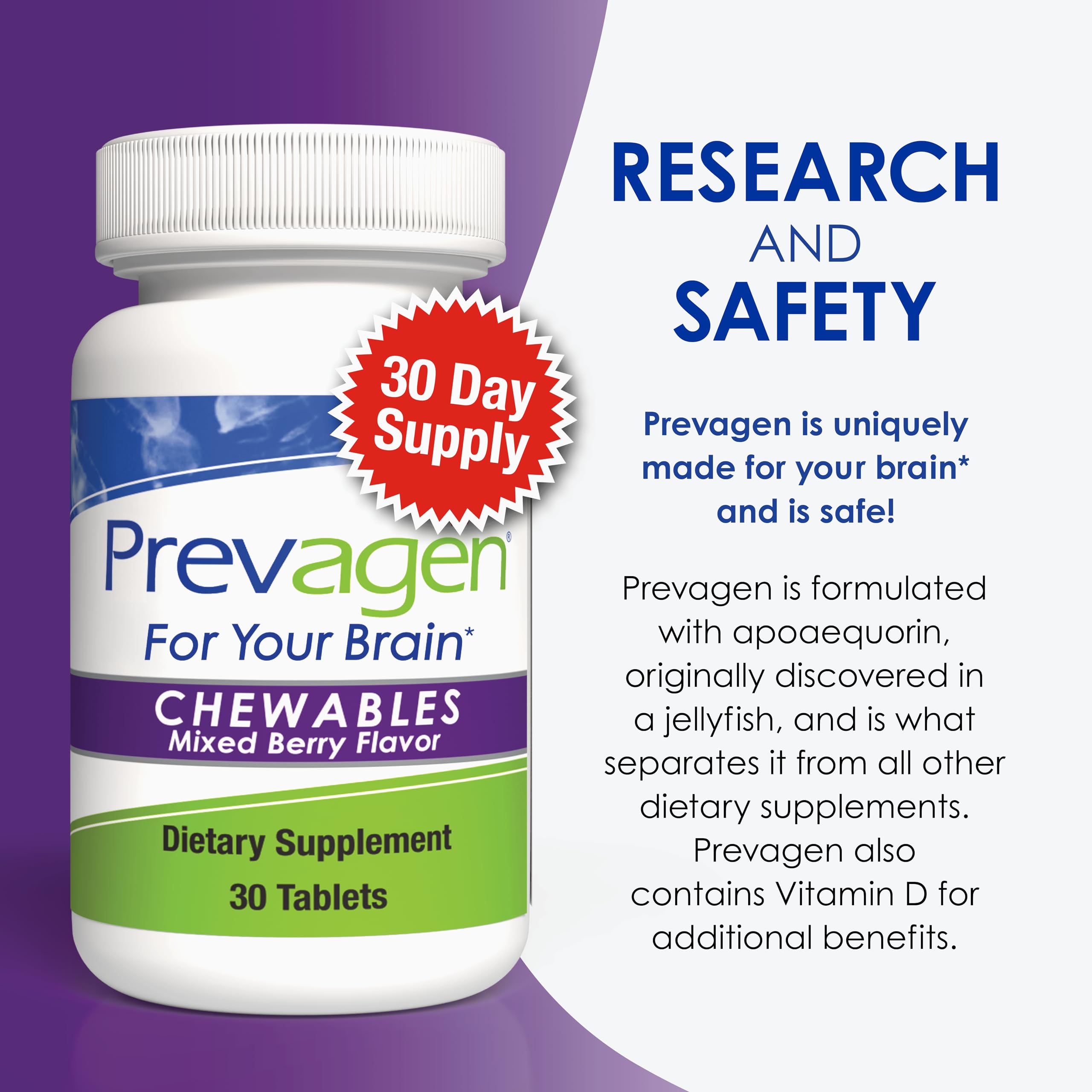 Prevagen Regular Strength Mixed Berry Chewables with Storage Box, 1-Pack | For Your Brain, 1 Month Supply, 10mg Apoaequorin, 50mcg Vitamin D3, 30 Tablets per Bottle