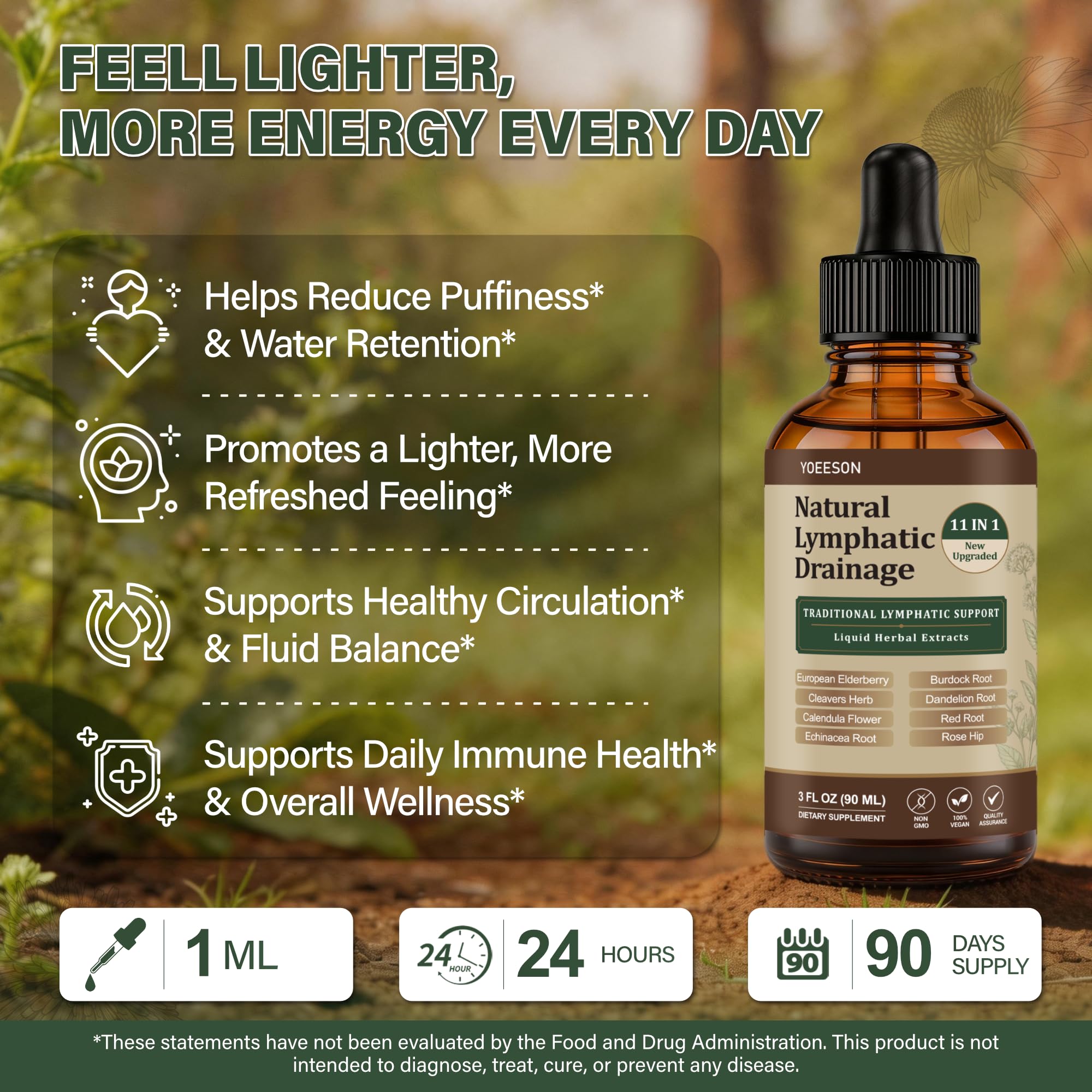 Natural Lymphatic Drainage 11-in-1 Herbal Liquid Supplement - 90 Day Supply | with Cleavers,Elderberry, Echinacea, Dandelion, Calendula & Burdock, Supports Lymphatic Health, Detox & Daily Wellness