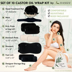 Premium Reusable Castor Oil Pack Wrap Kit (10-Piece, S–5X, Black) - Pure 100% Double Brushed Cotton Flannel Interior Layers, Dark Fabric Hides Stains, Leak-Resistant Adjustable Design