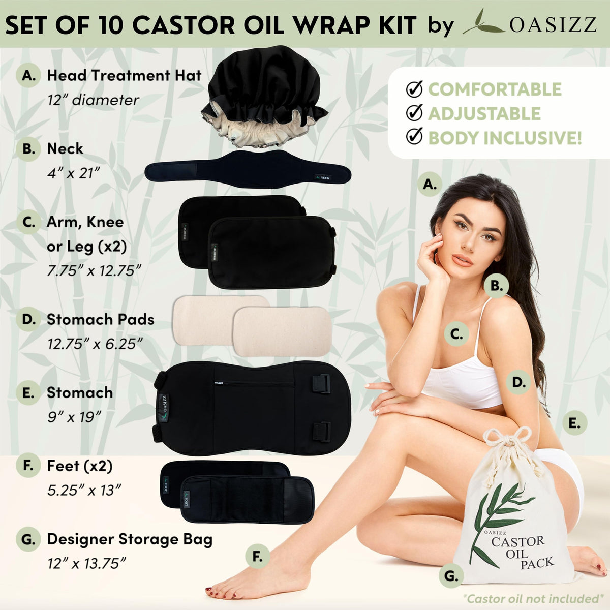 Premium Reusable Castor Oil Pack Wrap Kit (10-Piece, S–5X, Black) - Pure 100% Double Brushed Cotton Flannel Interior Layers, Dark Fabric Hides Stains, Leak-Resistant Adjustable Design
