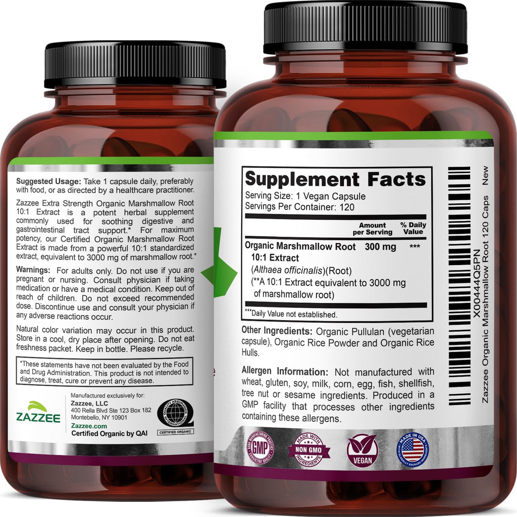 Zazzee USDA Organic Marshmallow Root 10:1 Extract, 120 Vegan Capsules