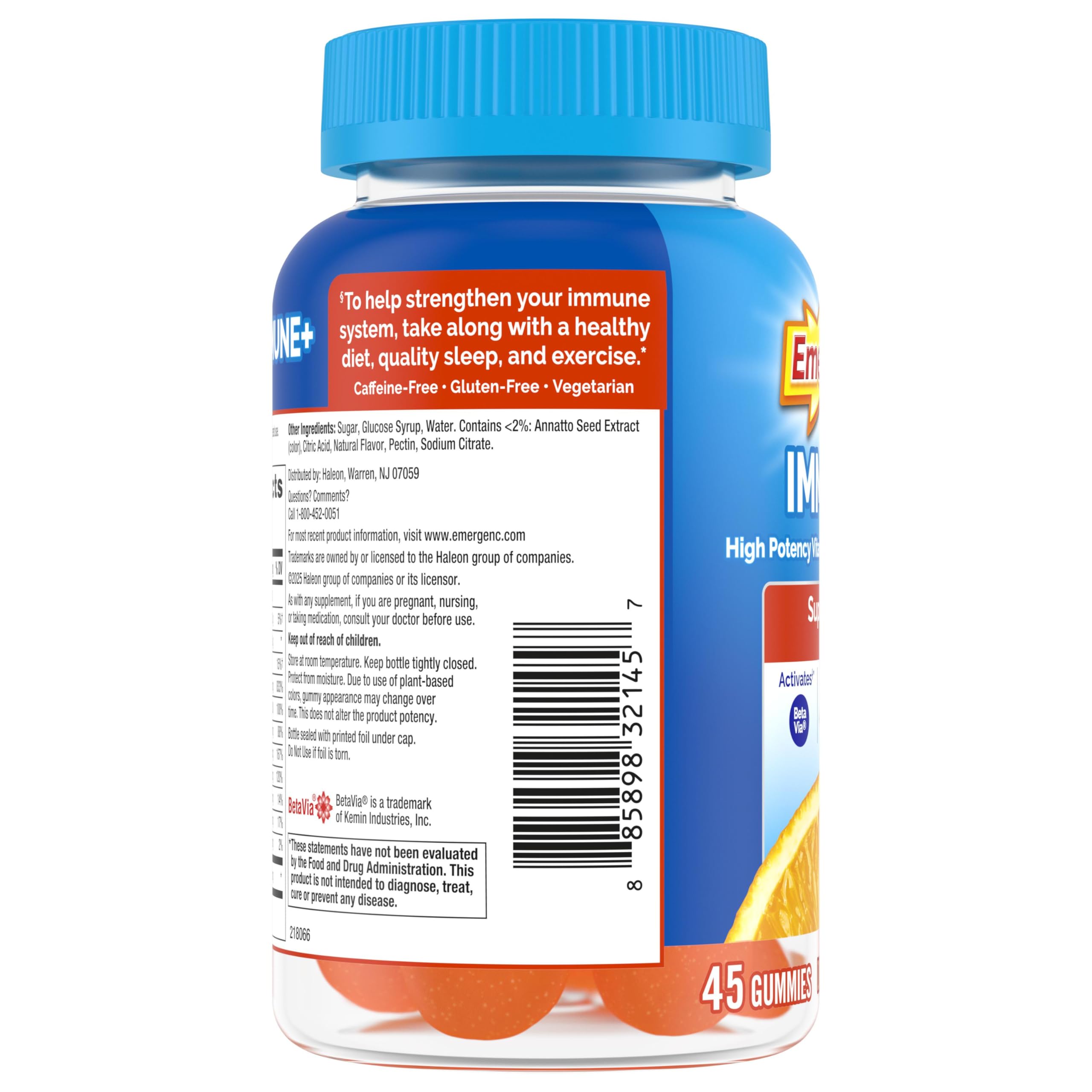 Emergen-C Vitamin C 750mg Immune Support Gummies, Orange, 45 Gummies | BetaVia Immune Plus, Vitamin D, B Vitamins, Zinc and Manganese, Triple Action, Chewable Gummies