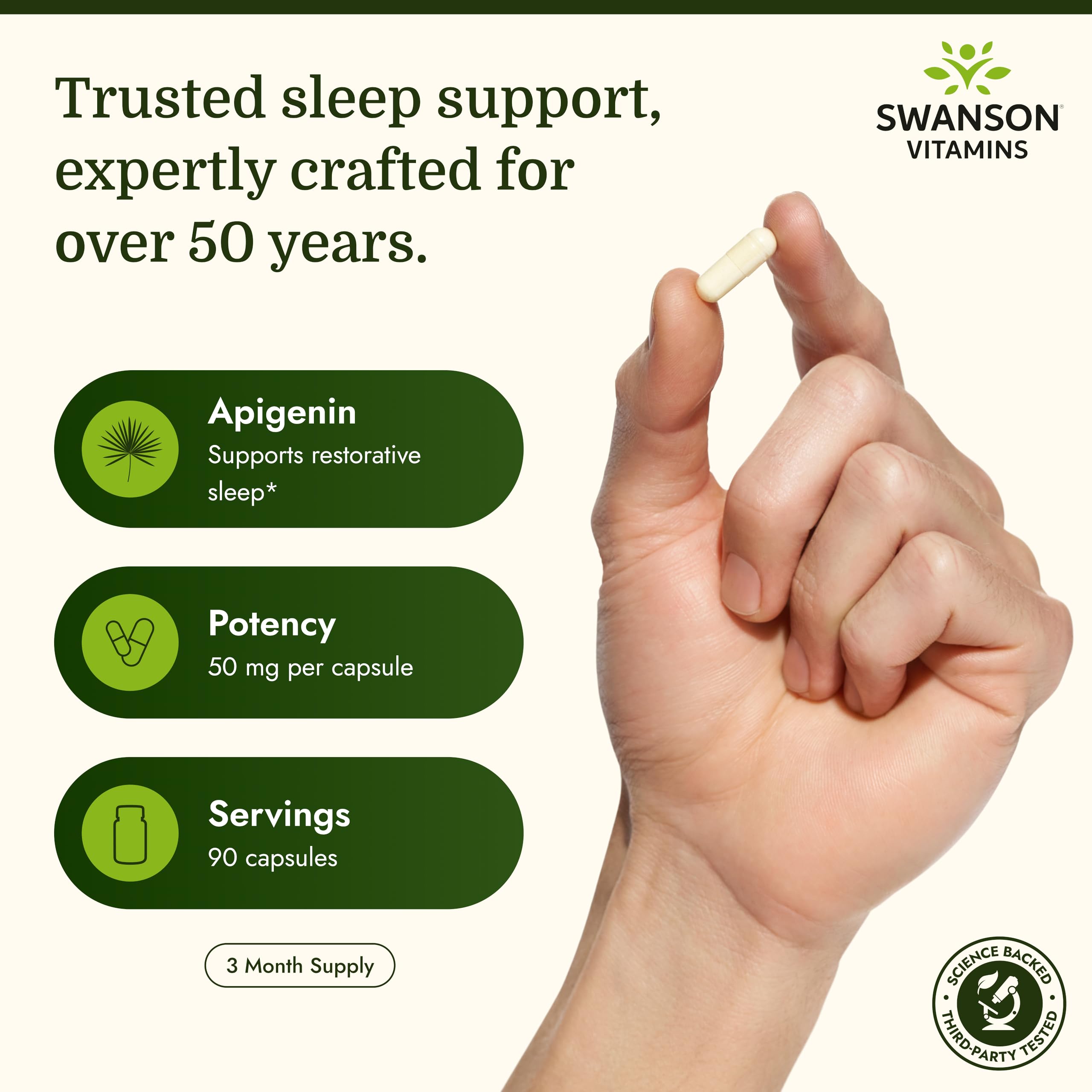 Swanson Apigenin Sleep and Relaxation Supplement, 50 mg, 90 Capsules | For Adults Seeking Natural Sleep, Relaxation, and Stress Relief Support, Antioxidant Bioflavonoid Found in Chamomile