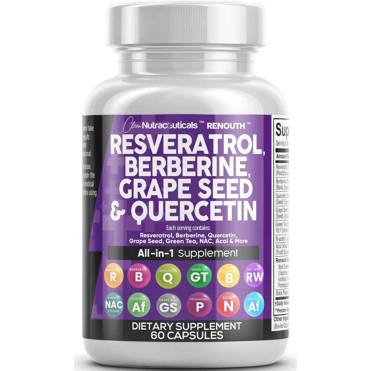 Clean Resveratrol Supplement | Berberine Grape Seed Extract Quercetin Green Tea Extract Acai Noni Polyphenol Supplement for Women & Men N-Acetyl Cysteine
