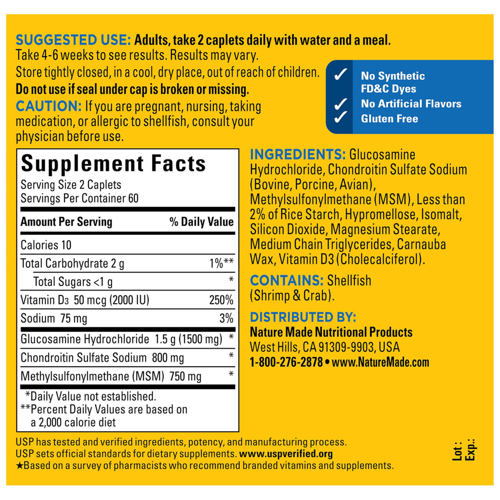 Nature Made Glucosamine Chondroitin Complex with MSM, 120 Caplets | Dietary MSM Glucosamine Chondroitin Supplement for Joint Support, Joint Health Supplement, Gluten Free, 60 Day Supply