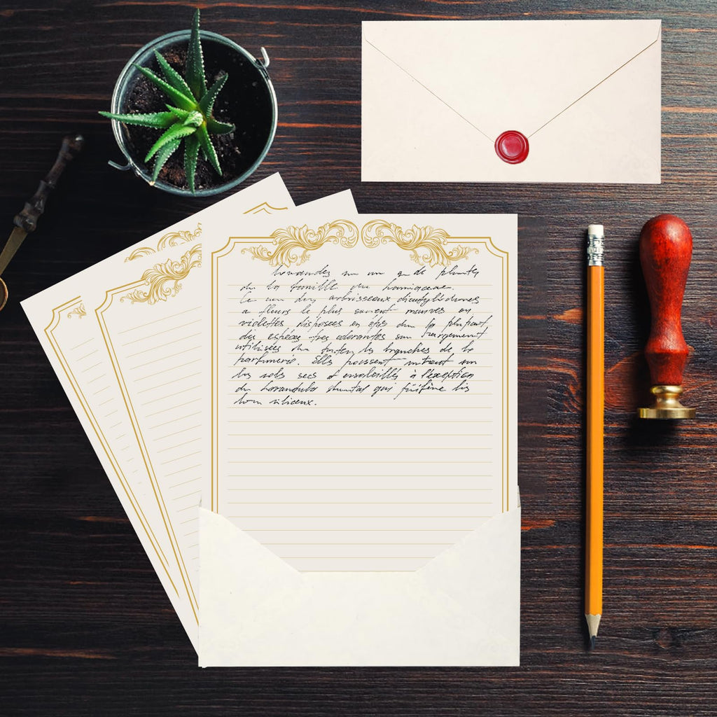 XXINMOH 90 Piece Stationery Set - 60 Vintage-Style Paper Sheets + 30 Envelopes, Gold Border Letter Writing Paper for Love Letters & Party Invitations