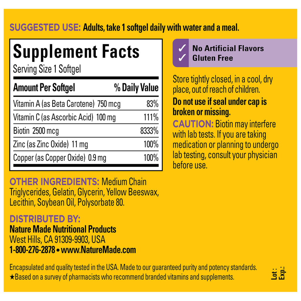 Nature Made Hair Skin and Nails with Biotin 2500 mcg, 120 Softgels | Dietary Supplement For Healthy Hair Skin and Nails Support, Vitamin C and Vitamin A Help Support Healthy Skin, 120 Day Supply