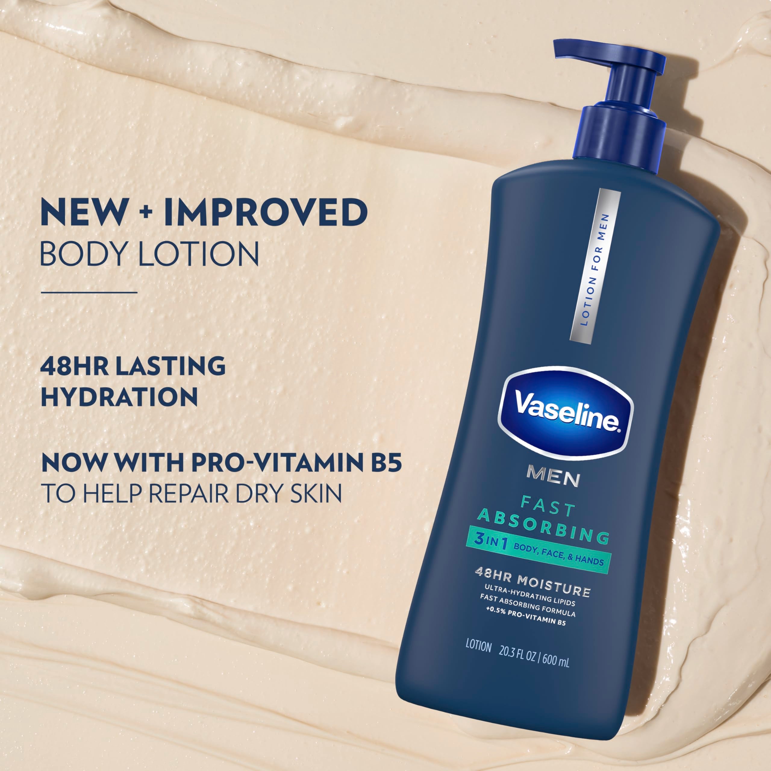 Vaseline Men Fast Absorbing 3in1 Hand, Body & Face Lotion 20.3oz 3ct | Body moisturizer for men provides 48HR moisture, restores skin hydration, absorbs fast with a non-greasy feel, for dry skin