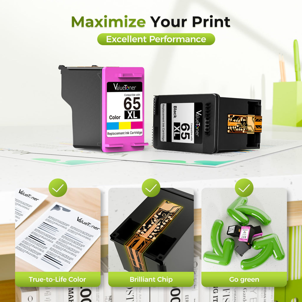 65XL Ink Replaced for HP 65 Ink Cartridges Black/Color Combo Pack 2-Pack