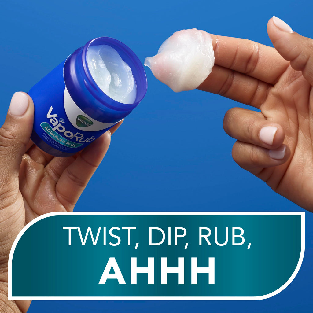 Buy now Vicks VapoRub Advanced Plus, Powerful Cough Suppressant, Topical Chest Rub & Analgesic Ointment, Medicated Vicks Vapors, Fast Cough Relief, 2.82oz x 2 at indiglob india
