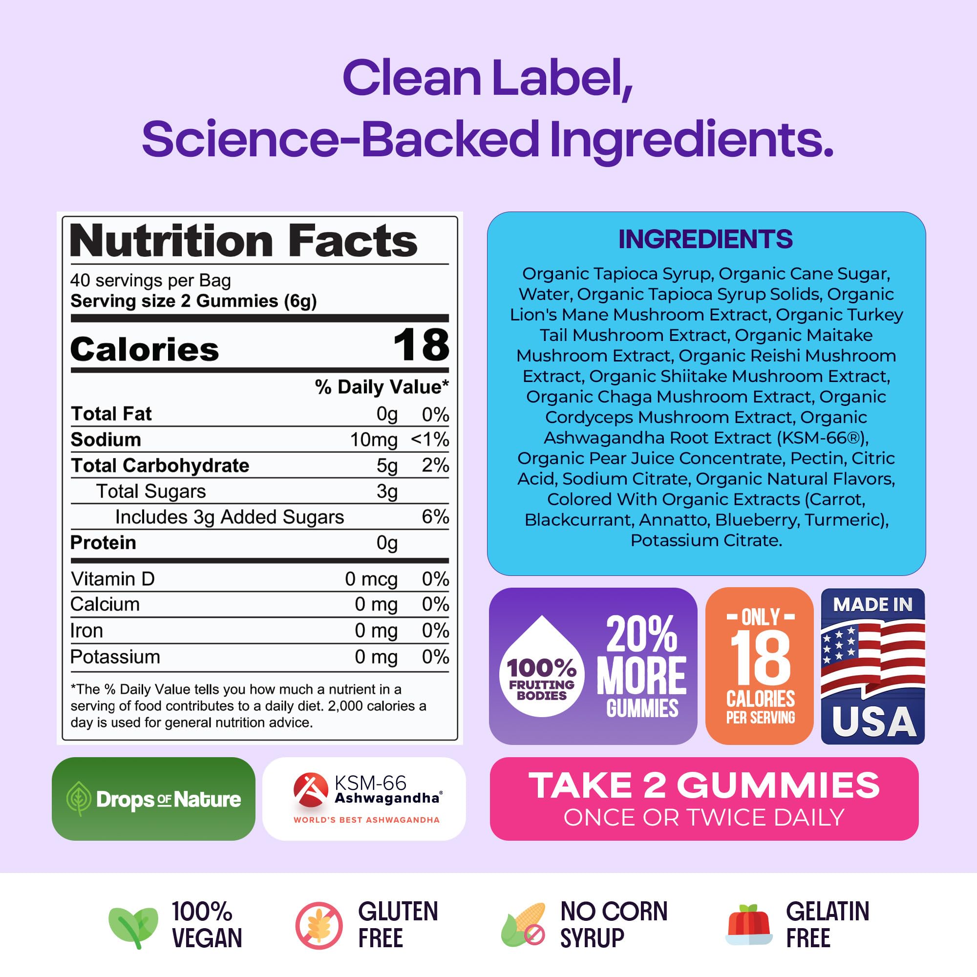 Drops Of Nature Organic Mushroom Gummies & Ashwagandha - Mixed Berry, 80 ct | KSM-66 Ashwagandha Gummies with 7 Superfood Mushroom Lions Mane Reishi Turkey Tail Chaga & More, Low Carb Vegan, Gelatin-Free