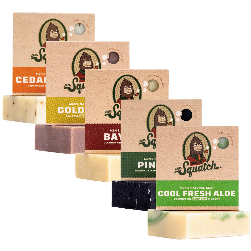 Buy now Dr. Squatch Natural Men’s Bar Soap - Cold Process Body Soap Bar with Natural Oils - Gifts for Men - Coconut Castaway, Wood Barrel Bourbon, Fresh Falls, Birchwood Breeze & Gold Moss (5 oz, 5-Pack) at indiglob india