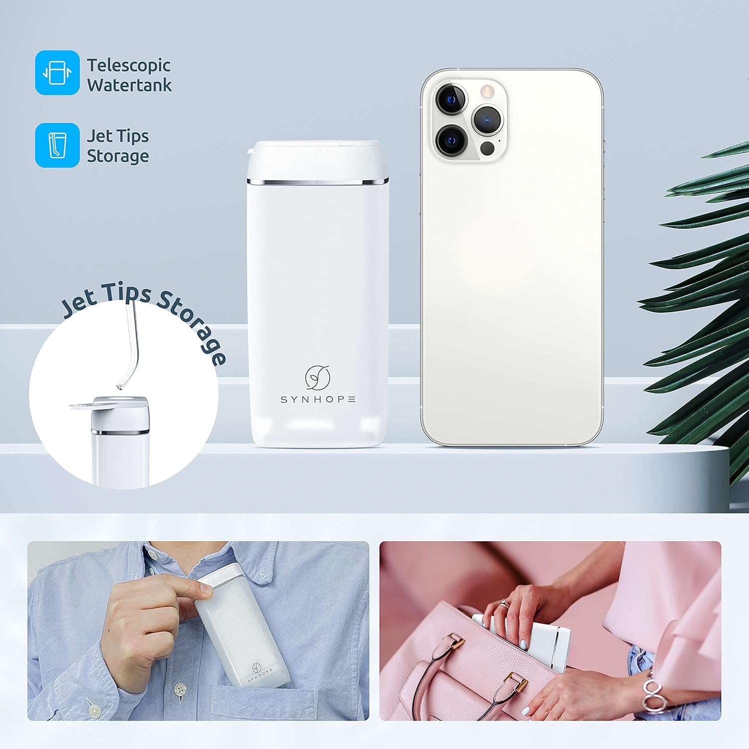 Buy now SYNHOPE Water Flosser Mini Cordless Portable Oral Irrigator Water Teeth Cleaner Pick, Telescopic Water Tank, 3 Modes & IPX7 Waterproof, Home & Travel Water Flossers for Teeth, Braces Bridges Care at indiglob india