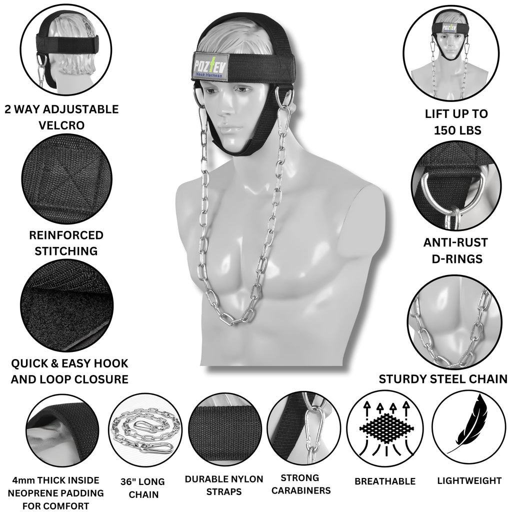 Neck Harness with Heavy-Duty Chain - Adjustable Head and Chin Straps for Neck Strength and Pain Relief