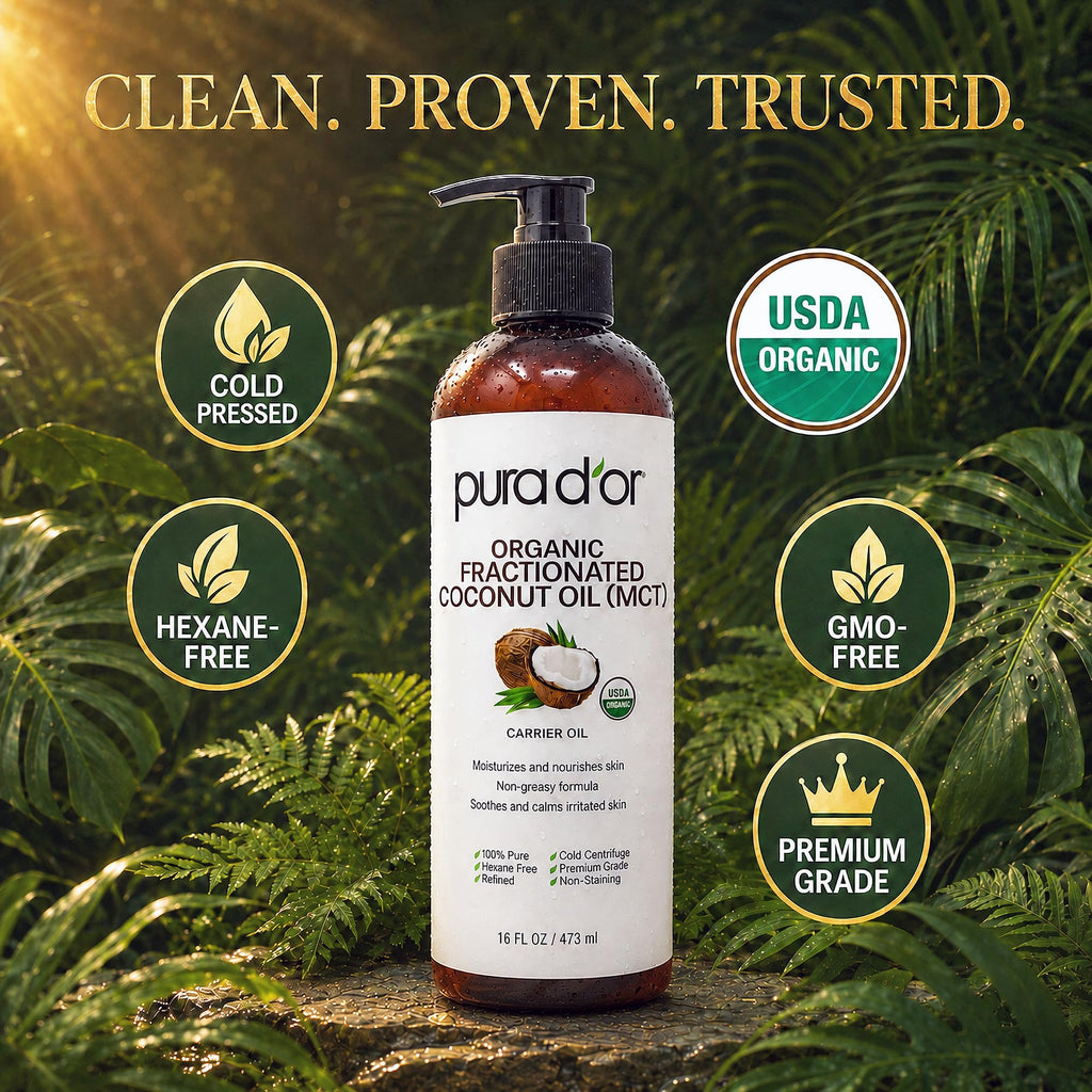 PURA D'OR ORGANIC Fractionated Coconut Oil MCT Skin Hair Massage, 16oz
