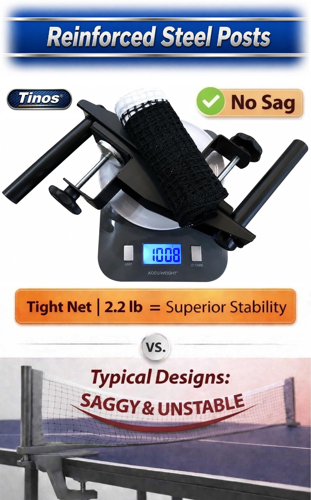 TINOS Premium Table Tennis Net & Post | Pro Screw Clamp Ping Pong Net