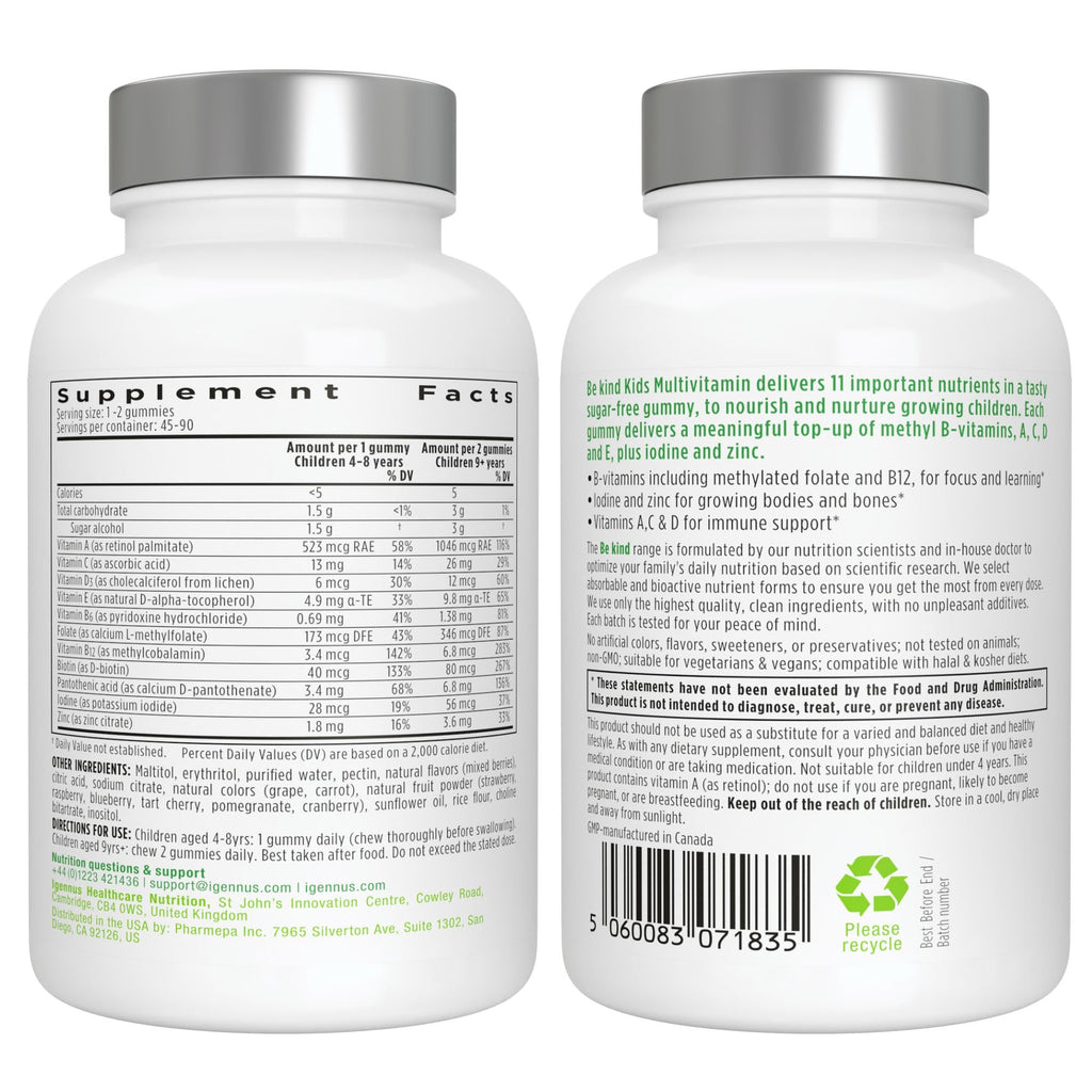 Igennus Methylated Kids Multivitamin Gummies, Age 4+, 6 x 90 Gummies | Clean Label & Third Party Tested, No Artificial Sweeteners or Flavors, Sugar Free, Natural Berry Flavor, Non-GMO, Halal