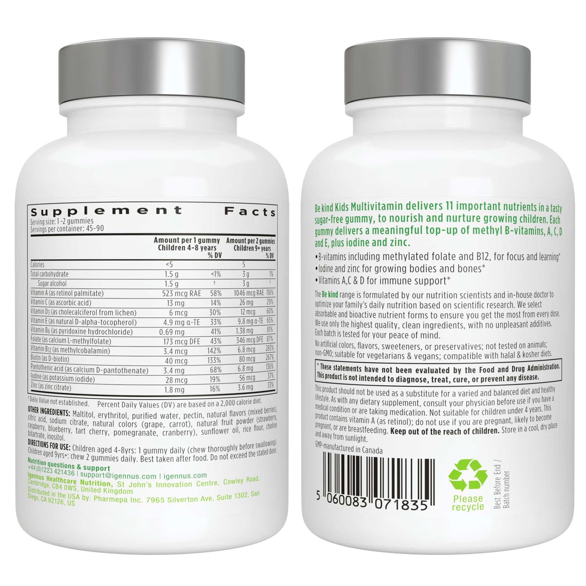 Igennus Methylated Kids Multivitamin Gummies, Age 4+, 6 x 90 Gummies | Clean Label & Third Party Tested, No Artificial Sweeteners or Flavors, Sugar Free, Natural Berry Flavor, Non-GMO, Halal