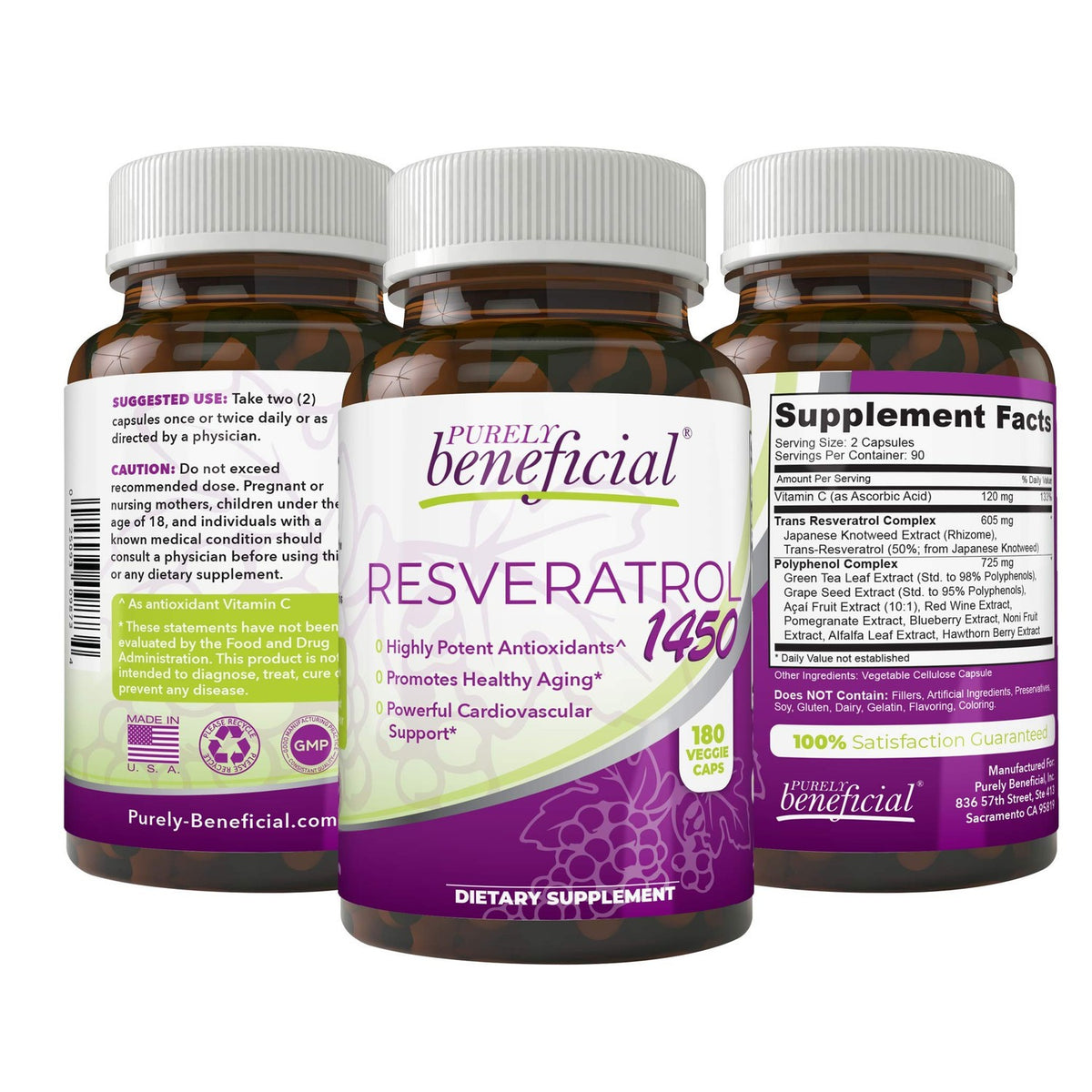 PURELY beneficial RESVERATROL1450-90day Supply, 1450mg per Serving of Potent Antioxidants & Trans-Resveratrol, Promotes Anti-Aging, Cardiovascular Support, Maximum Benefits(1bottle)