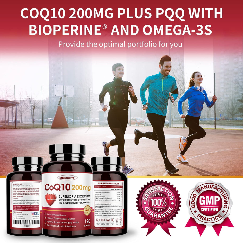 ZEBORA CoQ10 200mg Softgels, 120 Servings | With PQQ, BioPerine & Omega-3, Ubiquinone, High-Absorption, Powerful-Antioxidant, Support Heart & Energy-Production