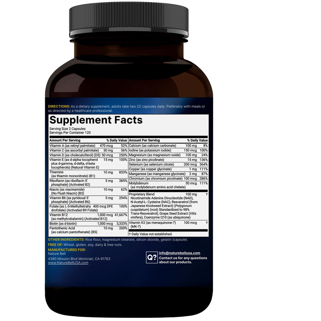 Methylated Multivitamin for Men and Women, 240 Capsules | 27-in-1 Formula with Vitamins B Complex, C, D3, K2, NAD, NAC, CoQ10, Resveratrol, Magnesium, Zinc & More | Daily Essential Vitamins
