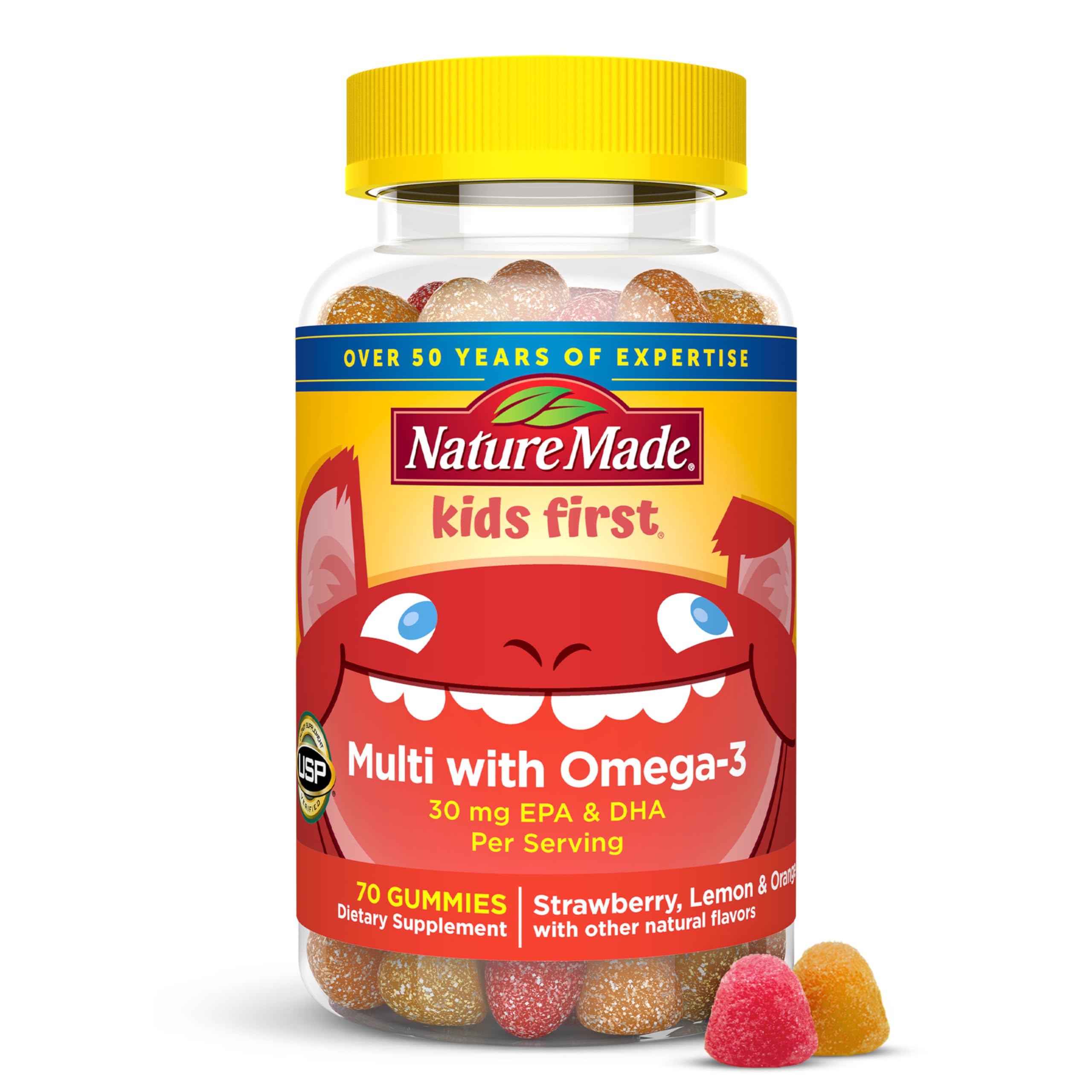 Nature Made Kids First Multivitamin with Omega-3, 70 Gummies | Kids Gummy Multivitamins with Vitamins and Minerals for Daily Nutritional Support, Strawberry, Lemon & Orange Flavors