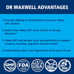 Dr. Maxwell Acetylcholine, Alpha GPC Choline 600mg + Bacopa, Better Than Each Alone. More Reliable Acetylcholine (Supports Memory & Learning) Supplement, 60 Capsules