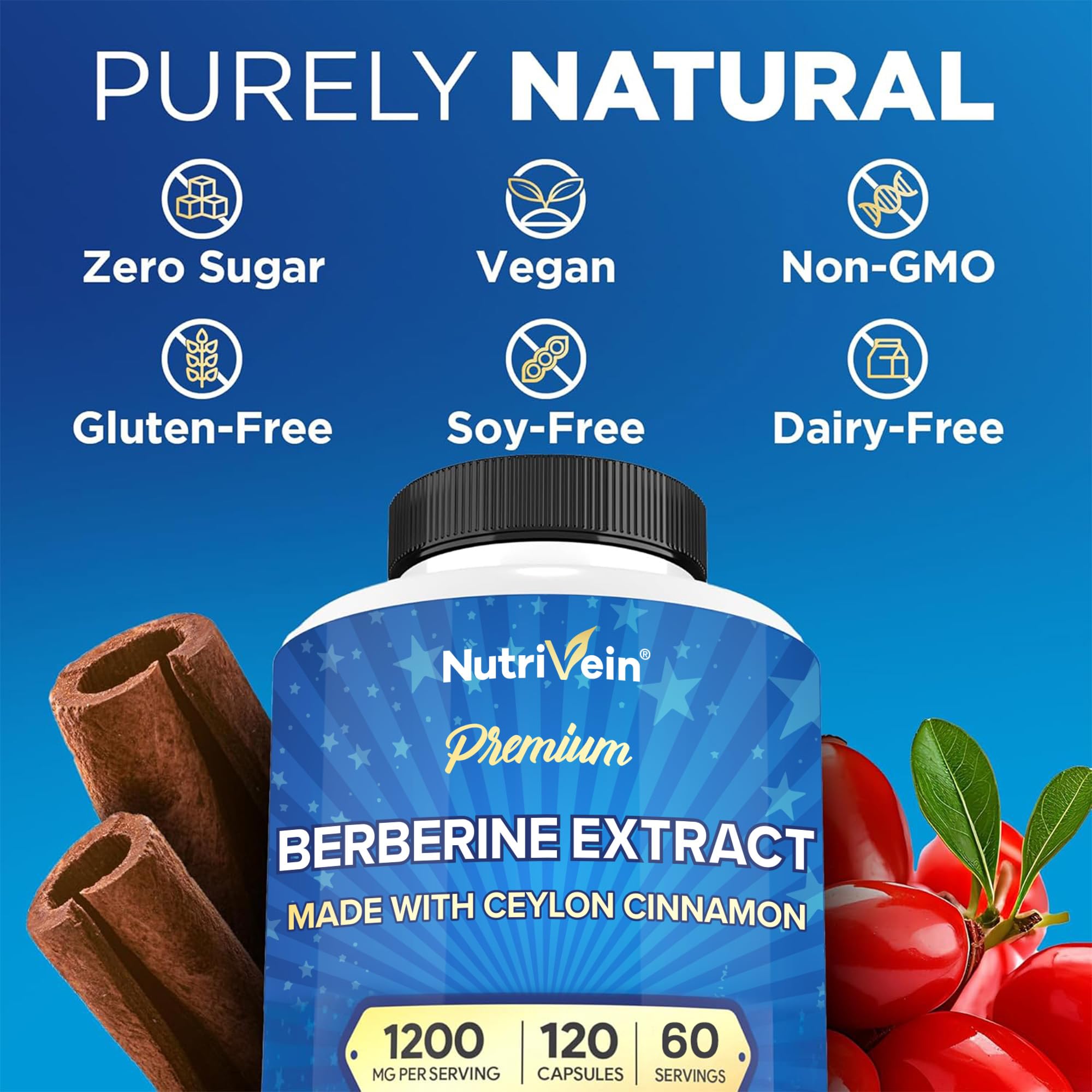 Nutrivein Berberine Supplement 1200 mg with Ceylon Cinnamon, 120 Capsules | High-absorption berberine HCl for men and women. Supports metabolism, digestion, and natural defenses. Vegan and non-GMO.