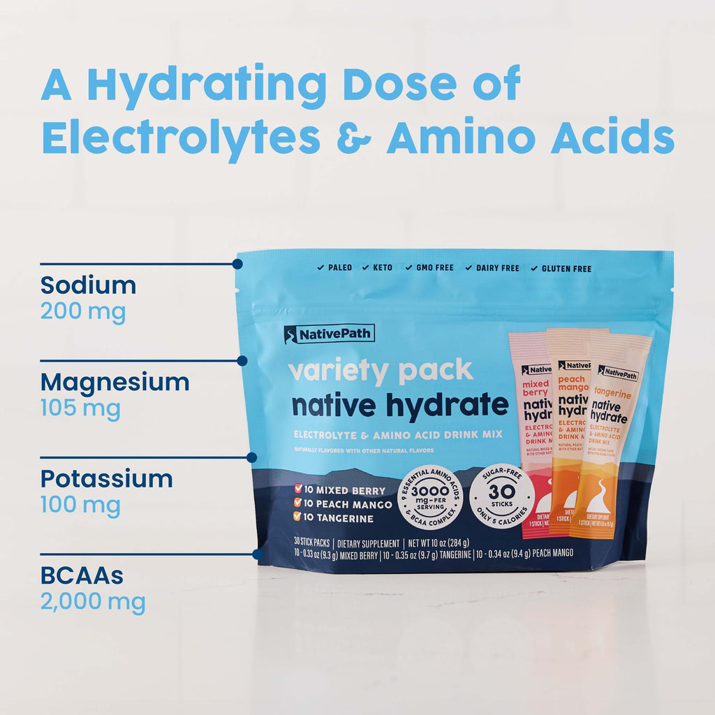 NativePath Hydrate Electrolyte Stick Packs Variety Pack, 30 Count