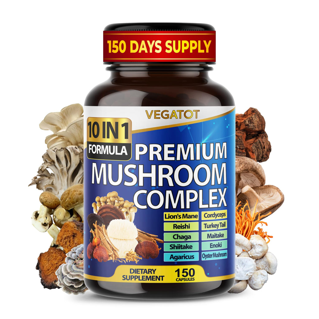 Mushroom Complex Supplement, 10-in-1 Blend with Lion's Mane, Cordyceps, Reishi, Turkey Tail, Chaga, Maitake & Shiitake, Cognitive & Immune Wellness Support*, 150 Capsules, Non-GMO
