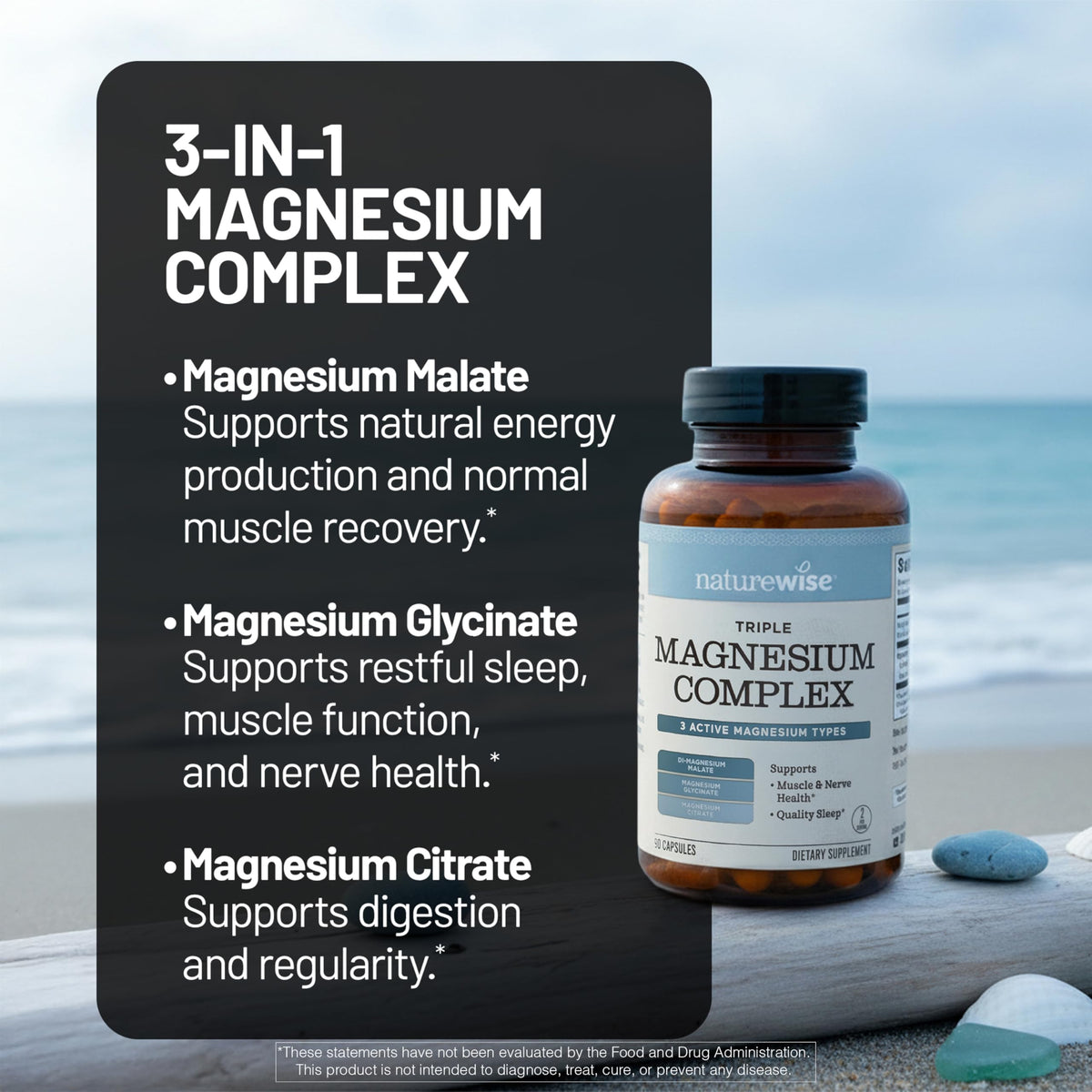 NatureWise Triple Magnesium Complex - Chelated - High Absorption Magnesium Glycinate + Malate + Citrate for Muscle Nerve & Sleep Support - Vegan 90 Capsules