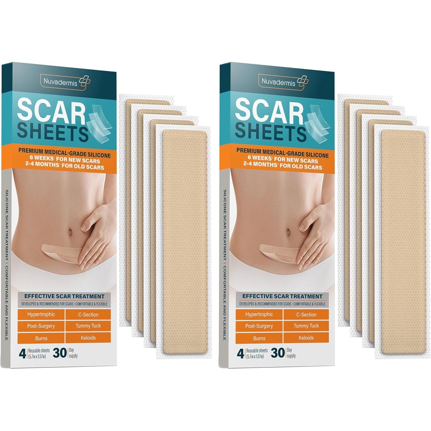 Buy now NUVADERMIS Silicone Scar Sheets - Extra Long Scar Sheets for C-Section, Tummy Tuck, Keloid, and Surgical Scars - Reusable Medical Grade Silicone Scar Sheets - Pack of 4 - Light Tone 2 Packs of 4 at indiglob india