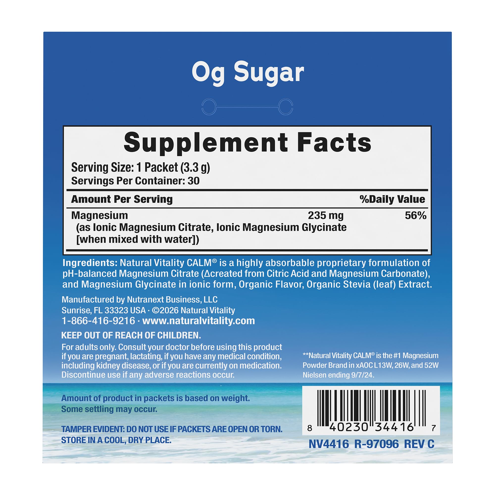 Natural Vitality Calm Magnesium Stick Packets | Raspberry Lemon Flavored Relaxing Drink Mix Powder | On-The-Go Pouches | Gluten & Sugar-Free | 255mg Per Serving | 30 Count