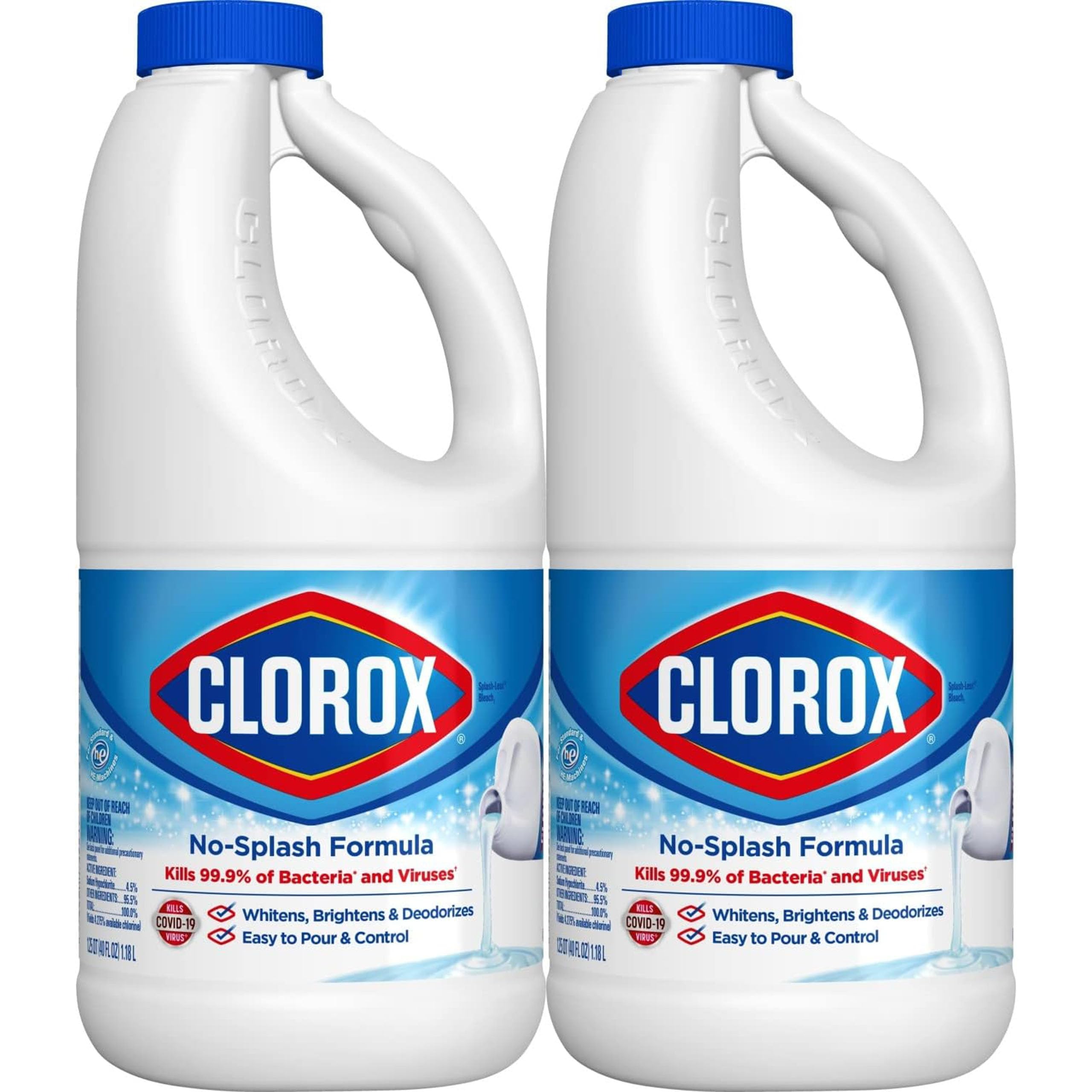 Buy now Clorox Splashless Disinfecting Bleach Cleaner, 2 Pack Regular Concentrated Liquid Bleach, Removes Mold, Mildew and Stains, Whitens, for Multi Purpose Cleaning and Laundry, 40 oz Bottles at indiglob india