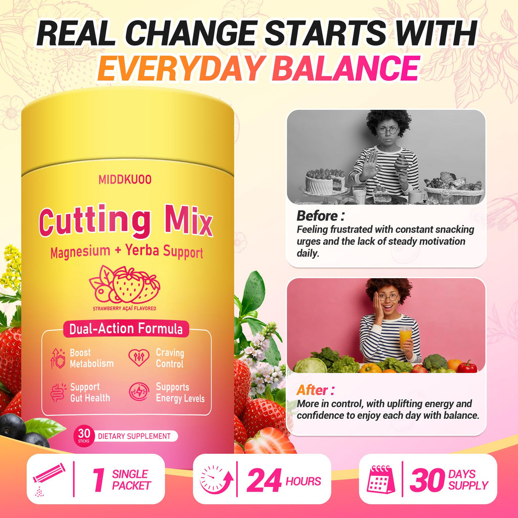 Cutting Drink Mix – Dual-Action Satiety Signaling, Energy & Digestive Health with Berberine, Chromium, FOS, Yerba Mate & 5-HTP | Vegan, Sugar-Free, Non-GMO - 30 Sticks