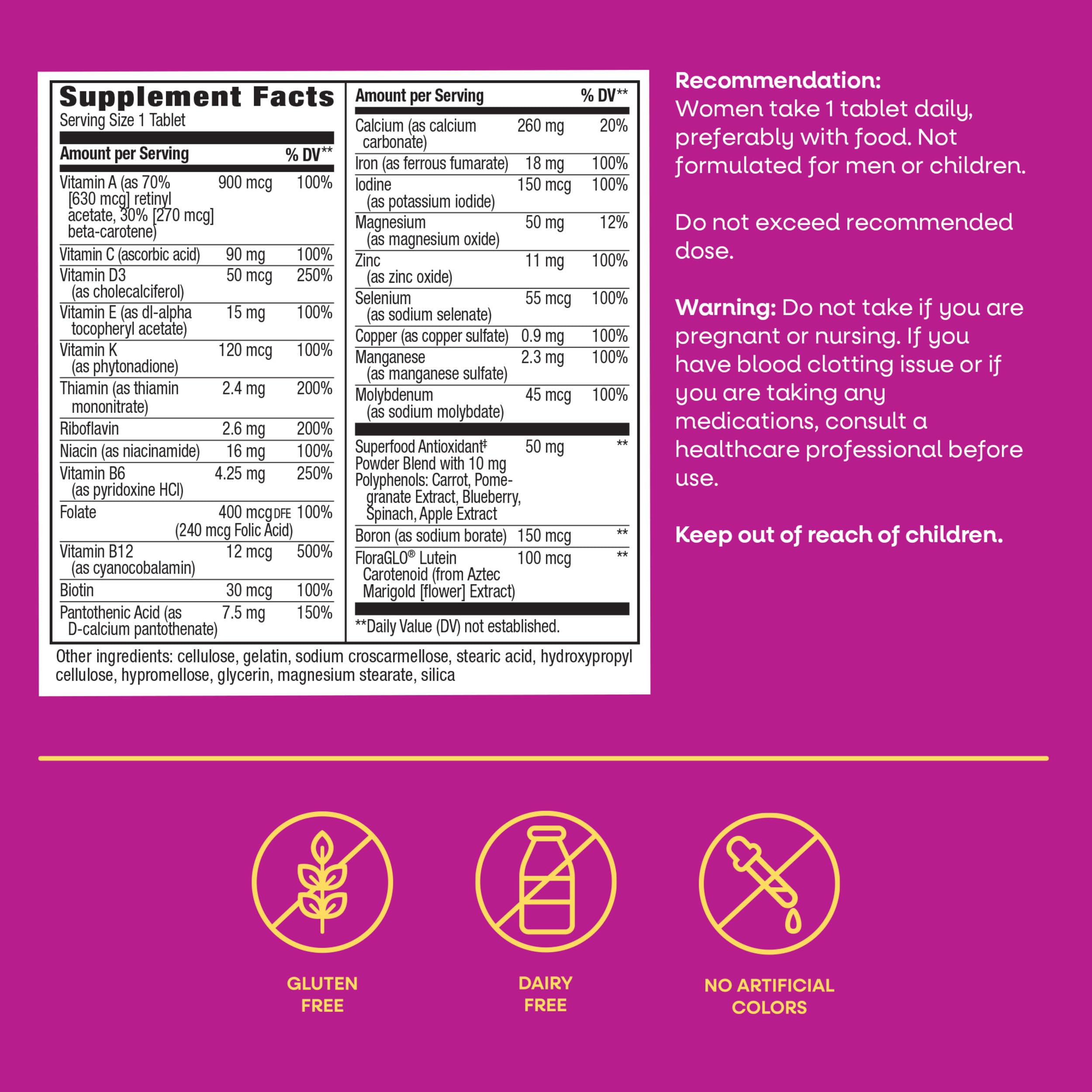 Nature's Way Alive! Complete Multivitamin for Women, Daily Vitamin, 130 ct | Women’s Vitamin Tablets Supports Cellular Energy Metabolism, Hair, Skin & Nails*, B-Vitamins, with Superfood Antioxidants