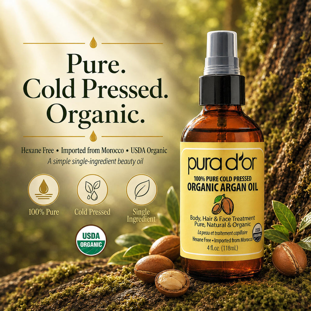 PURA D'OR ORGANIC Moroccan Argan Oil Pure Cold-Pressed Hair & Skin, 4oz