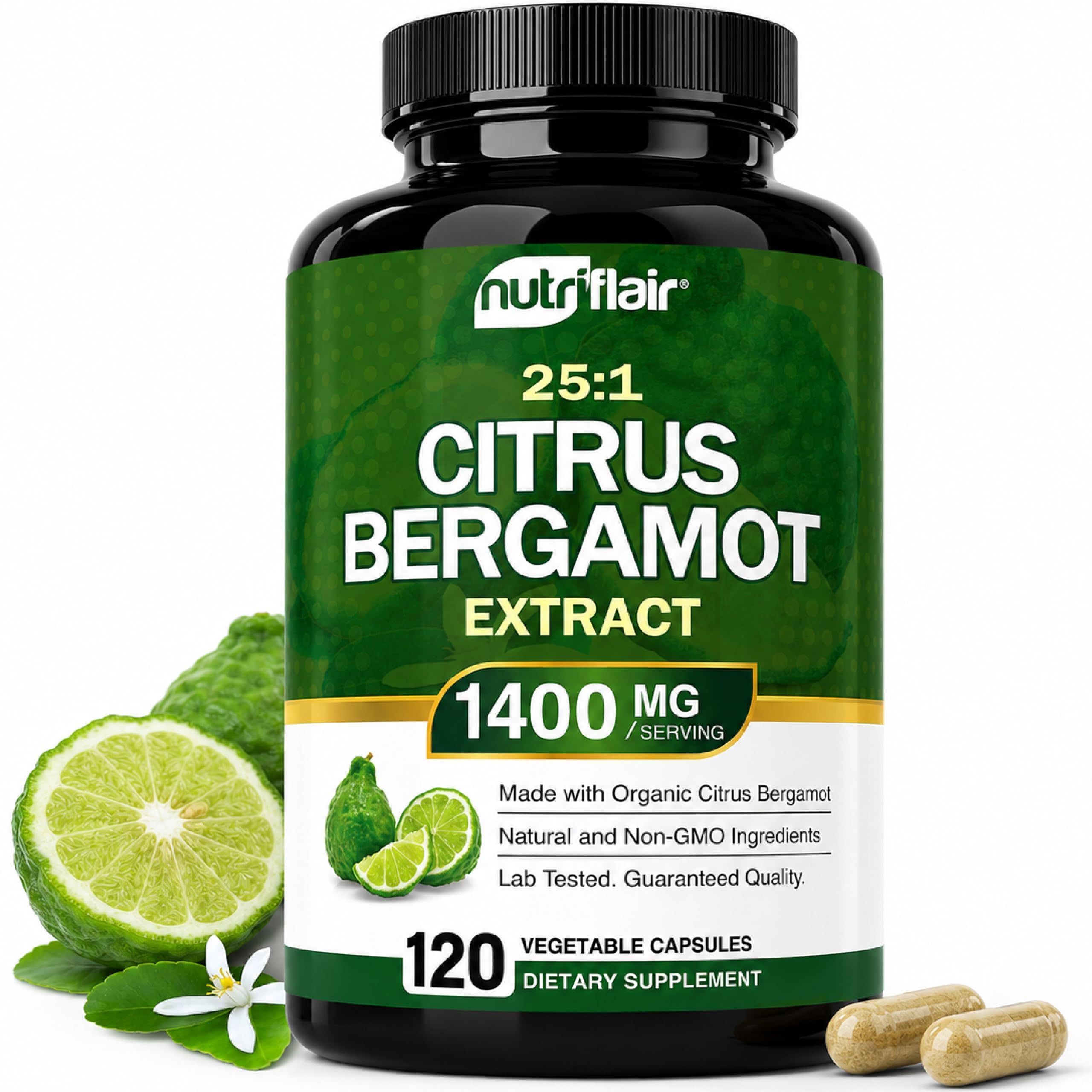 NutriFlair Organic Citrus Bergamot 1400mg, 120 Capsules - 25:1 Bergamia - Essential Oil and Citrus Bioflavonoids - Natural Heart Health Supplements for Women and Men - Non-GMO Pills