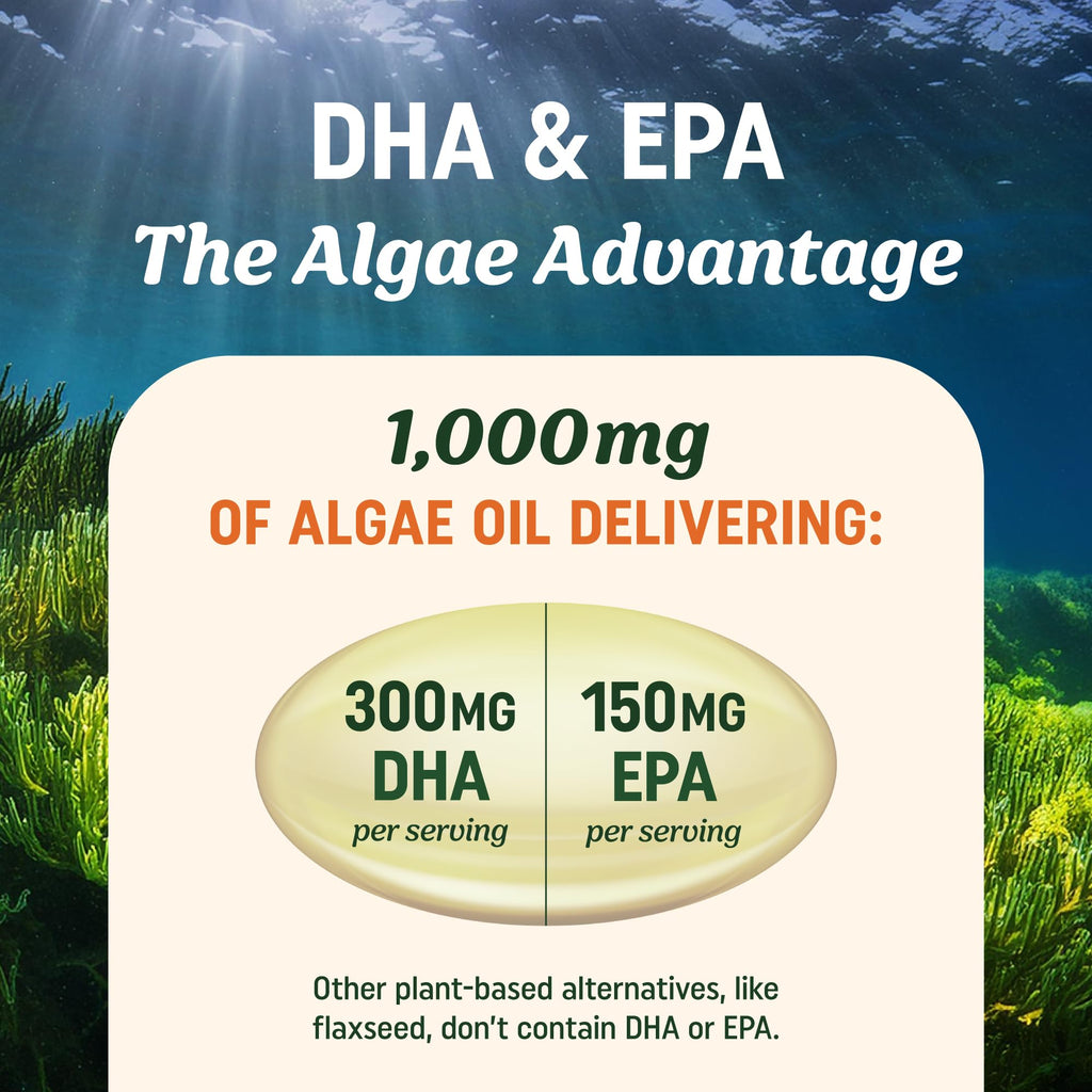 Vegan Omega 3 Algae Oil, Plant Based DHA EPA, Sustainably Sourced, Non-GMO | Carrageenan-Free, Heart Brain & Eye Health Support, Fish Oil Alternative, Omega 3 Fatty Acid Supplements, 60 Vegan Softgels