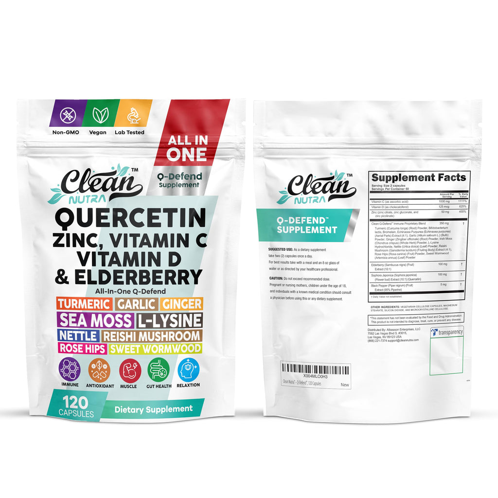 Q Defend Quercetin Supplement with Zinc Vitamin C Vitamin D Elderberry Turmeric Black Pepper Garlic Ginger Sea Moss Lysine Stinging Nettle Reishi Mushroom Immune Support 120 Capsules by Clean Nutra