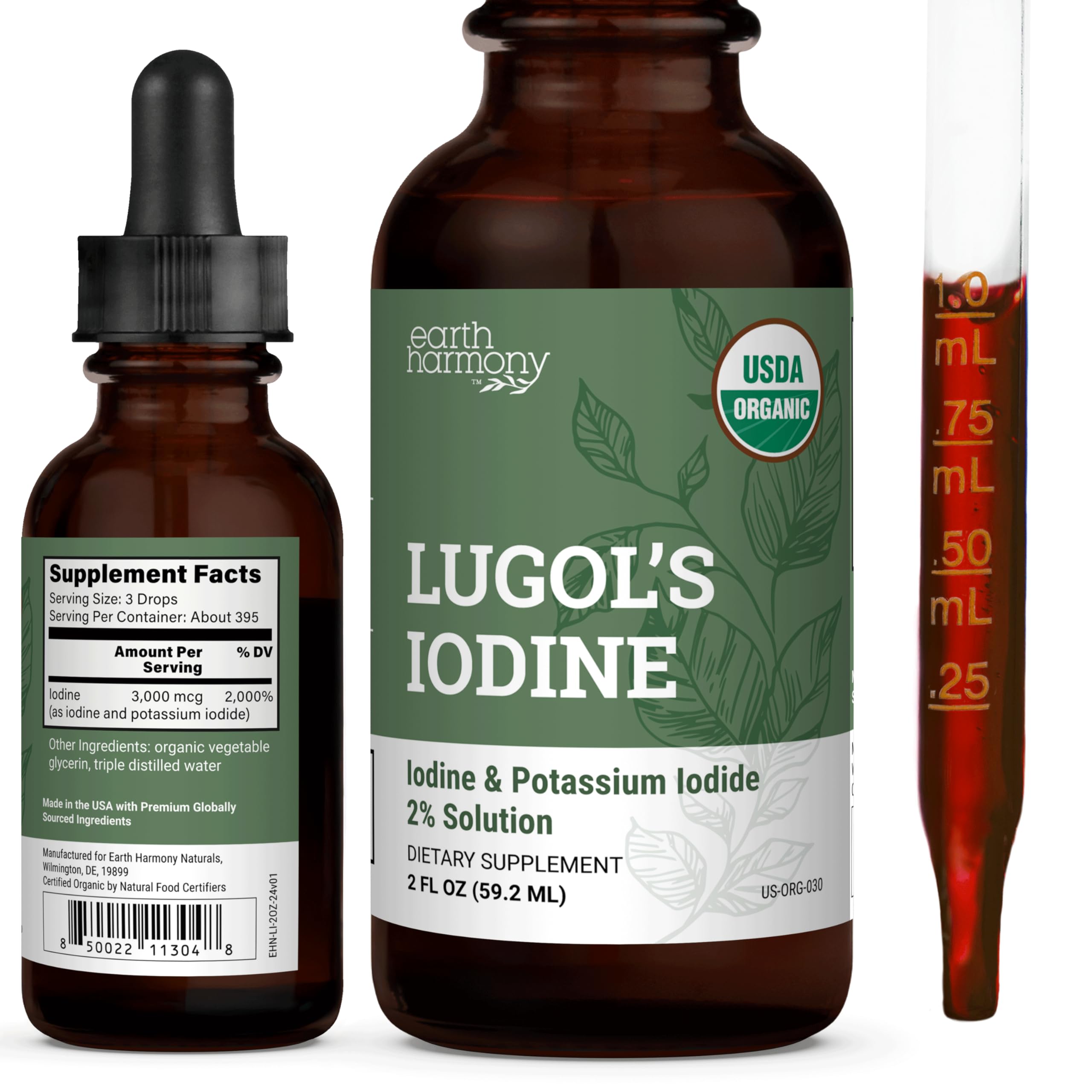 Organic Lugol's Iodine Liquid Drops Supplement - 2% Thyroid Non-GMO 2 Oz | Earth Harmony Iodine Supplement, Potassium Iodide, Thyroid Support, 3000mcg