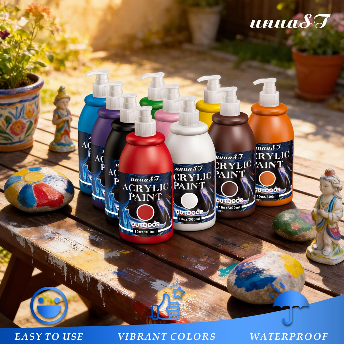 Outdoor Acrylic Paint Waterproof Set 10oz, 10 Color Outdoor Paint with Pump