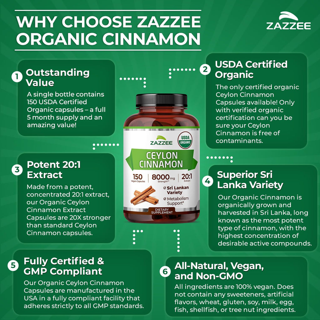 Zazzee USDA Organic Ceylon Cinnamon 20:1 Extract, 150 Capsules, Sri Lankan | Vegan, 5 Month Supply, Cinnamomum Verum, Antioxidant & Metabolic Support, All-Natural, Non-GMO, Made in the USA