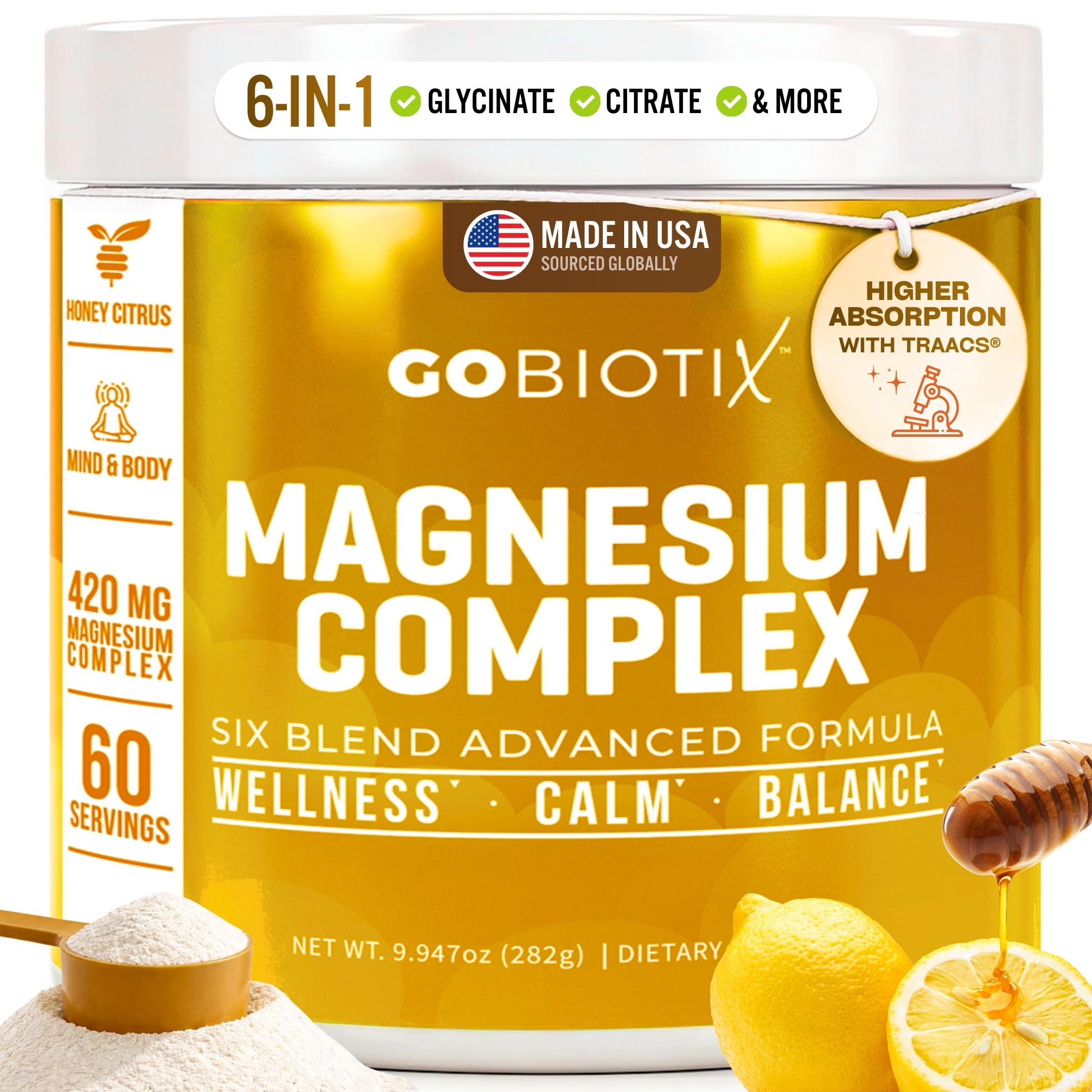 GOBIOTIX Magnesium Glycinate Powder – 6-Form Magnesium Complex: Malate, Citrate & More – Sleep, Stress & Calm Support for Women & Men – High Absorption, Sugar Free – 420mg, 60 Servings (Peach Tea)