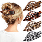 4 PCS Large Flat Hair Clips for Women Girls, French Concord Lay Down Claw Clips for Thick Thin Hair, Comfortable Curved Flat Clip, Leopard Print Stylish Strong Hold Hair Accessories, Tortoise
